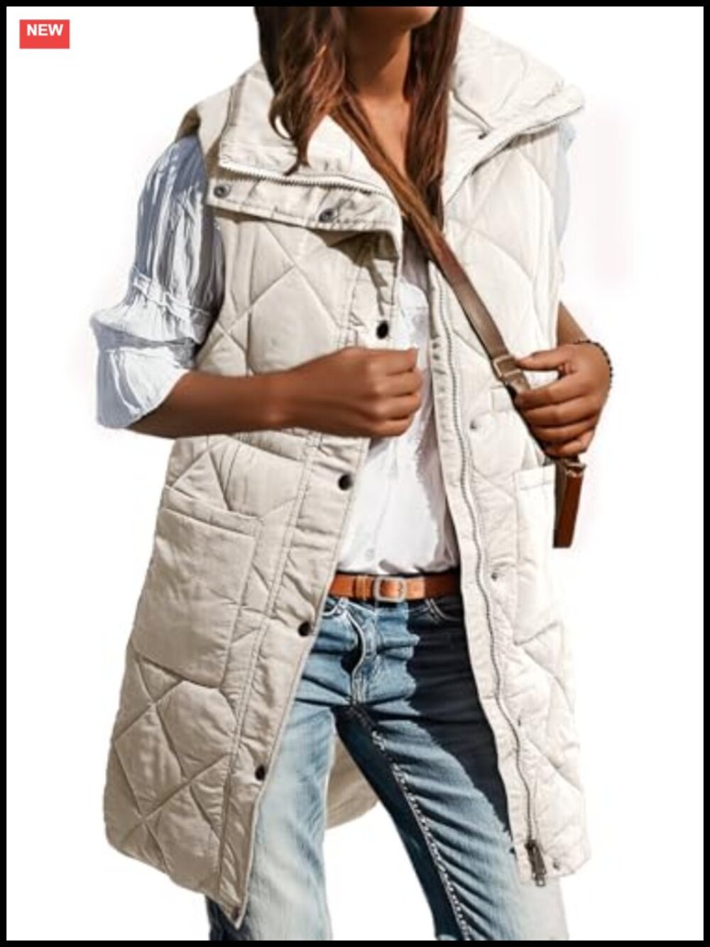 Women's Long Puffer Vest Stand Collar Snap Front Sleeveless Pockets Polyester